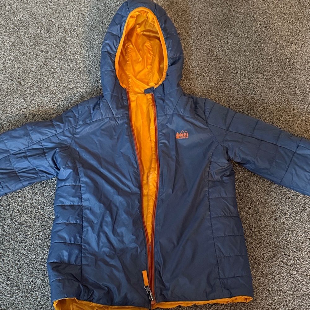 REI Kids Puffer Jacket in Blue and Orange